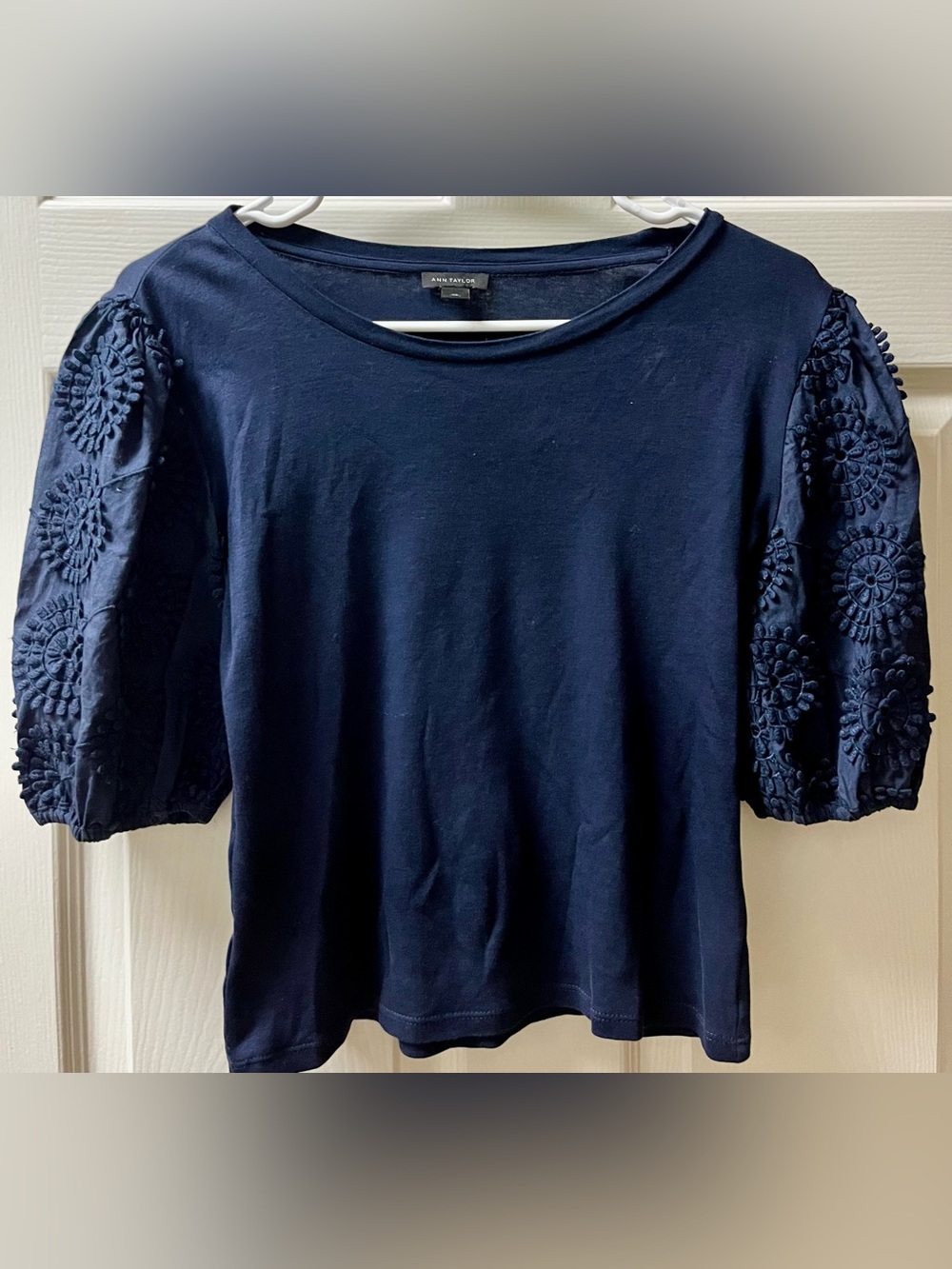 Ann Taylor Navy Short Sleeve Top with Floral-Textured Sleeves